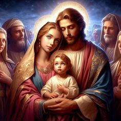 jesus holding the child in his arms and surrounded by other people, all dressed up