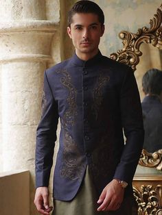 Designer Long Sleeve Bandhgala For Diwali, Designer Nehru Jacket With Long Sleeves For Diwali, Designer Long Sleeve Nehru Jacket For Diwali, Designer Long Sleeve Bandhgala For Formal Occasions, Designer Long Sleeve Bandhgala For Formal Events, Blue Kurta With Gold Embroidery For Diwali, Designer Embroidered Traditional Wear For Semi-formal Occasion, Designer Bandhgala For Semi-formal Occasions, Designer Embroidered Semi-formal Kurta