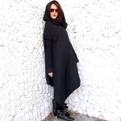 Asymmetric Extravagant Black Coat / Black Extravagant by Teyxo Felt Clothes, Steampunk Coat, Punk Jacket, Gothic Coat, Asymmetrical Coat, Black Hooded Jacket, Cool Coats, Fall Lookbook, Coat For Women