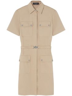 beige cotton gabardine weave Medusa Head motif pointed flat collar concealed press-stud fastening detachable belt short sleeves four front flap pockets thigh-length straight hem silver-tone hardware Versace Mini Dress, Pointed Flat Collar, Versace Dress, Utility Style, Flat Collar, Cargo Shirts, Medusa Head, City Dress, Belted Shorts