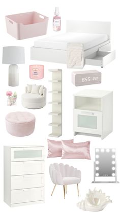 a collage of white furniture and accessories including a bed, dresser, chair, mirror, table, lamp, night stand