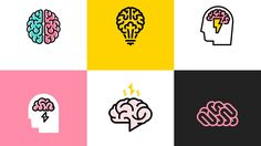 four different types of brain images with one light bulb in the middle and two on top