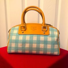 No Handbag Would Fit More Perfectly For Spring! Plaid Blue And Off White And Classic Leather Trimmings. Gold Metal Fob With Blue Signature Icon Included! Last Picture Shows Small Not Very Noticeable Mark. Please See Pics For Condition!! Measurements In Pics! Ask Questions If Needed! Preppy White Rectangular Bag, Kitch Style, Spring Bags, Classic Leather, Dooney Bourke, Picture Show, Gold Metal, Blue White, Blue And White