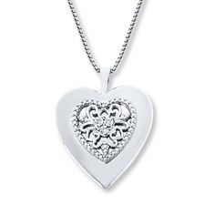 This enchanting heart locket necklace features a lacy pattern at the center styled in sterling silver and embellished with diamond accents. The pendant sways from an 18-inch box chain secured with a spring ring clasp. Gold Diamond Heart Necklace, Purple Pendant Necklace, Jewelry Advice, Heart Locket Necklace, Heart Necklace Diamond, Necklace Diamond, Necklace Heart, White Necklace, Heart Shape Pendant