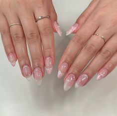 Korean Jelly Nails Almond, Korean Nails Aesthetic, Pink Nails Coquette, Pink Jelly Nails Almond Shape, Transparent Pink Almond Nails, Pink Jelly Nails Acrylic Almond, Trendy Oval Nails, Asian Nail Designs, Almond Nails Christmas