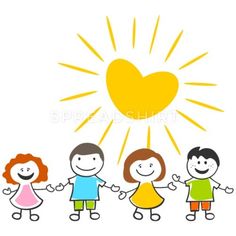 three children holding hands with a heart shaped sun above the head on a white background