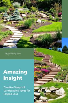 Steep hillside garden with stone steps, colorful flowers, and lush greenery.