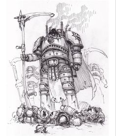 a black and white drawing of a giant robot standing in front of a pile of barrels