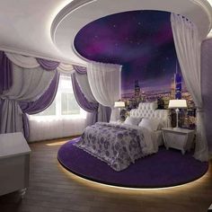 a bedroom with purple and white decor on the walls, curtains, and bedding