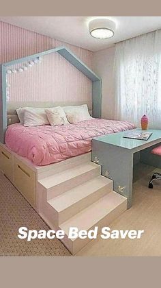 a bedroom with stairs leading to the bed and desk in front of it, along with a pink chair