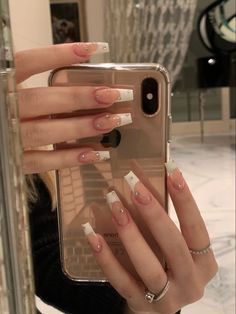 Nails With Scattered Rhinestones, Coquette Nails Coffin, Coffin French Tip Nails With Rhinestones, Square Polygel Nails, French Nails 2024, French Tip With Rhinestones, Long French Tip Nails, Bedazzled Nails, Swarovski Nails