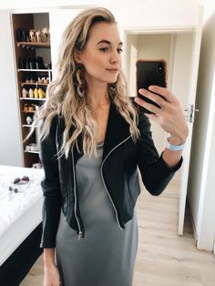 Black leather jacket. Silver dress. Slip on. Tortoise shell earrings. Zara. Blonde hair messy Hair Messy, Dress Slip, Woman's Fashion, Silver Dress, Shell Earrings, Messy Hairstyles