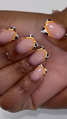 Rodeo Inspired Nails, Cowboy Theme Nails, Orange Cow Print Nails, Shortie Nail Ideas, Short Cow Nails, Short Cow Print Nails, Cowprint Nail Design, Cow Print Nail Designs, Cow Print Nails