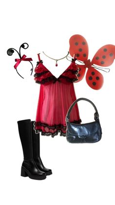 a woman's dress and boots are shown in this fashion photo, including a lady bug