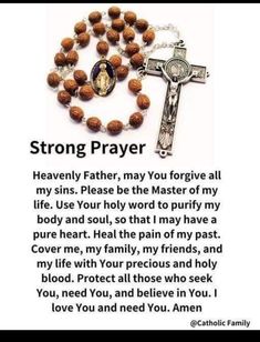 a rosary with the words strong prayer written on it and an image of a crucif