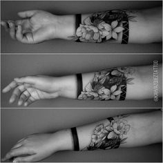 three different views of the wrist with flowers on each arm and one in the middle