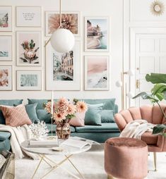 a living room filled with lots of furniture and pictures on the wall above it's coffee table