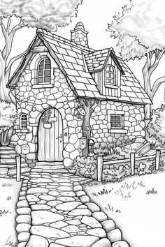 a drawing of a small stone house in the woods