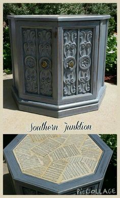 an old table has been transformed into something new with some paint and stencils