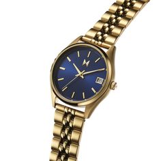 the iconic boyfriend watch style by mvmt. an effortlessly oversized 36mm women's watch design featuring a 5-link bracelet band, date window, and rich tapered lugs. royal blue and gold vintage-inspired watch for her. Boyfriend Watch, Royal Blue And Gold, Women's Watch, Blue And Gold, Watch Design, Link Bracelets, Womens Watches, Royal Blue, Vintage Inspired