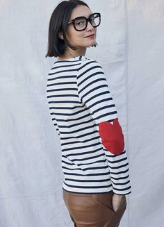 Women's Striped Long Sleeve T-Shirt with Heart Elbow Patches – Saint James USA Breton Stripe Shirt, Marine Outfit, Red Striped Shirt, Sailor Shirt, Normandy France, Valentine T Shirts, Saint James, Elbow Patches, Clothing Labels