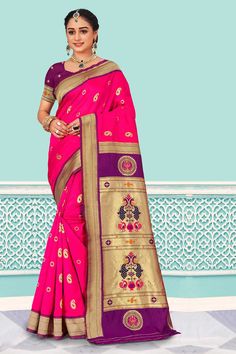 Product Features: Saree: Saree as seen in picture - Choose the drape style while order: Standard, Pleated or Gujarati Saree Color: Magenta Saree Fabric: Paithani Silk Blouse: Please choose the selection "As seen in picture" or customize your selection Blouse Color: Purple Blouse Fabric: Paithani Silk Wash: Dry Clean Occasion: Festive Disclaimer: There will be slight difference in digital to actual image Bollywood Style Paithani Silk Pre-draped Saree For Puja, Traditional Pre-draped Paithani Silk Saree, Paithani Silk Pre-draped Saree With Pallu, Paithani Silk Pre-draped Saree With Pallu For Puja, Bollywood Paithani Silk Saree, Bollywood Style Paithani Silk Saree For Transitional Season, Diwali Puja Paithani Silk Pre-draped Saree, Traditional Drape Paithani Silk Blouse Piece For Navratri, Traditional Paithani Silk Pre-draped Saree