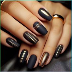 Black Matte Nails With Gold Design, Nails With Tape Design, Matte Black With Gold Nails, Black Nails With Gold Stripe, Long Nails Nail Art, Black Nails Matte Design, Black And Gold Geometric Nails, Salem Nails Ideas, Black And Gold Fall Nails