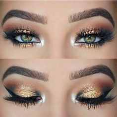 Makeup Tips To Look Younger, Make Up Diy, Gold Makeup Looks, Pretty Eye Makeup, Makeup Looks For Green Eyes, Gold Eye Makeup, Formal Makeup, Hair And Makeup Tips, Eye Makeup Steps