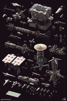 an aerial view of space shuttles, rockets and spacecrafts in various stages of development