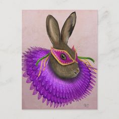 a painting of a rabbit wearing a purple dress and headpiece with feathers on it