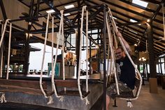 a man sitting in a chair with ropes hanging from it's sides and another person standing on the other side