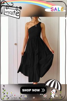 Black One-shoulder Swing Holiday Casual Dress Black Off Shoulder Summer Dress, Black Off-shoulder Summer Dress, Casual Black Off Shoulder Dress, Black One-shoulder Maxi Dress For Summer, Black Off Shoulder Sleeveless Dress For Date Night, Black One-shoulder Mini Dress For Spring, Black Off-shoulder Sleeveless Dress For Date Night, Chic Black Off Shoulder Maxi Dress, Black Off Shoulder Dress For Brunch