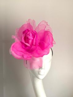 Large hot pink flower hat This amazing large hot pink flower hat is made from organza and velvet fabric. The hat sits on the black fabric-covered headband to which I attached a comb so it will sit steadily on your hair. A large hot pink flower hat will be an amazing accessory to compliment your outfit. It will fit the average head size. You can wear this amazing hat at the wedding, Christening, Horse races, and any other special occasion. Enjoy and please have a look in my shop for more hats and Pink Flower Headpiece For Kentucky Derby, Pink Mini Hat With Handmade Flowers, Pink Flower Fascinator For Kentucky Derby, Pink Kentucky Derby Fascinator With Handmade Flowers, Pink Fascinator With Handmade Flowers For Royal Ascot, Pink Handmade Flowers Fascinator For Royal Ascot, Pink Fascinator With Handmade Flowers For Races, Pink Fascinator With Handmade Flowers For Evening, Pink Flower Fascinator For Races