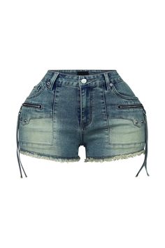 High rise vintage washed denim shorts featuring zipper stud detail and frayed hem detail Fly button and zipper closure Runs true to size Edgy Cutoff Jean Shorts With Pockets, Edgy Denim Jean Shorts With Pockets, Edgy Shorts With Zipper Closure For Spring, Edgy Spring Shorts With Zipper Closure, Edgy Denim Shorts With Frayed Hem, Edgy Dark Wash Shorts With Frayed Hem, Trendy Cutoff Shorts With Zipper Closure, Trendy Zipper Closure Cutoff Shorts, Trendy Mid-rise Jean Shorts With Zipper Closure