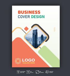 a cover design for a business brochure with an image of a city in the background