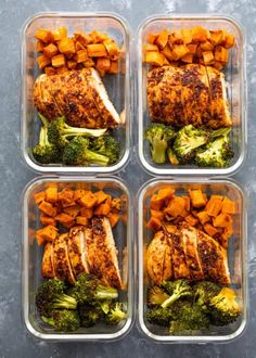 four plastic containers filled with chicken, broccoli and sweet potatoes