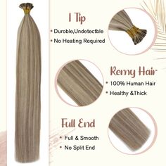 Stick I Tip Human Hair >Description< Hair Quantity 14" to 24", 1g/strand, 50g/pack 100-150 gram for full head attachment. Hair Texture Silky straight, would get a little wavy after washing or improper packaging. Hair Quality 100% Real Remy human hair, Natural, Smooth, Soft, No Tangle and Shedding Free. You can curl, straighten, and restyle it just like your own hair. It is possible to dye the hair, but only from a lighter color to a darker one. We recommend conducting a dye test on ONE piece bef Blonde Blonde Highlights, Hair Extensions Blonde, Microlink Hair Extensions, Hair Color Guide, Pink Blonde, Keratin Hair Extensions, Bonded Hair Extensions, Fusion Hair Extensions, Sew In Hair Extensions