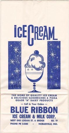 an old ice cream advertisement with blue ribbon