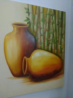 a painting of two vases and bamboo stalks