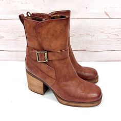 Brand New Without Tags! Korks By Kork Ease Vintage Cognac Brown Distressed Faux Leather Retro Boho Marci Block Heel Platform Boots. Size 7 In Brand New Pristine Condition. Faux Leather Boot Crafted With A Side Buckle Accent, Stacked Block Heel And Platform Sole. Timeless And Versatile, The Marci Bootie From Kork-Ease Kirk’s Is Perfect To Elevate Any Outfit. This Classic Silhouette Gets A Fresh Update With The Wrap-Around Buckle Strap Detail And A Block Heel. Its Footbed Is Well Cushioned To Mini Brown Boots With Heel Loop For Fall, Brown Fall Boots With Heel Loop, Brown Ankle Strap Boots For Fall, Brown Ankle Strap Boots For Spring, Brown Leather Boots With Buckle Closure For Spring, Kork Ease Boots, Faux Leather Boots, Platform Block Heels, Brown Booties