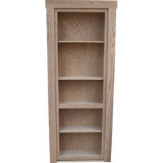 a wooden bookcase with three shelves on one side and two doors on the other