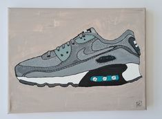 an acrylic painting of a grey and white nike shoe on a beige background