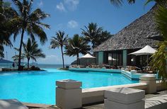 an outdoor swimming pool with lounge chairs and umbrellas next to the ocean, surrounded by palm trees