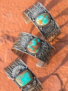 Sunshine Reeves stamped turquoise cuff. Each a little different in design, with different symbols and meaning. Exquisite heavy stamped as Sunshine is known for. Sunshine's work is museum quality, his stamp work second to none. Custom built to fit any wrist size. About 1.5 wide. heavy gauge sterling. Navajo Turquoise Jewelry, Turquoise Jewellery, Different Symbols, Heirloom Jewelry, Wedding Cuff, Silver Turquoise Jewelry, Symbols And Meanings, Heirlooms Jewelry, Navajo Jewelry