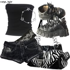 Y2K outfit, tube top, mini denim shorts, new rock shoes, Y2K zebra print purse, star choker necklace. Outfit inspo aesthetic Haircut Selfie, Photo Hijab, Cute Hairstyle, New Rock, Hijab Girl, Y2k Outfits