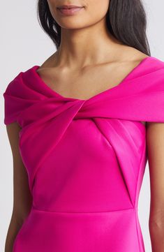 An artfully twisted neckline enhances the sophisticated appeal of a vivid cocktail dress cut from a stretchy scuba knit. 35" center front length (size 8) Back zip closure Off-the-shoulder neck Cap sleeves Lined 95% polyester, 5% spandex Machine wash, dry flat Imported Hot Pink One Shoulder Dress, Formal Twist Front Dresses, Fitted Twist Front Dress For Formal Occasions, Formal Fitted Dress With Twist Front, Cocktail Dress With Sleeves, Linen Style Fashion, Chic Dress Classy, A Line Cocktail Dress, Scuba Knit