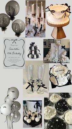 a collage of black and white items including cake, balloons, candles, and greeting cards