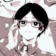 an anime character with glasses and stars on his shirt, holding his hand up to his face