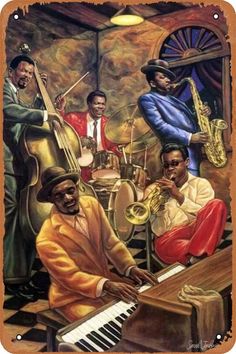 a painting of some people playing instruments