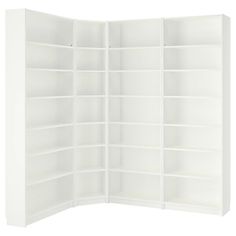 an open white bookcase with shelves on each side and one section closed to reveal the contents